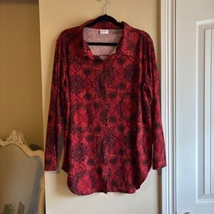 Relaxed Red Printed Button-Down Shirt - Women's Long Sleeve